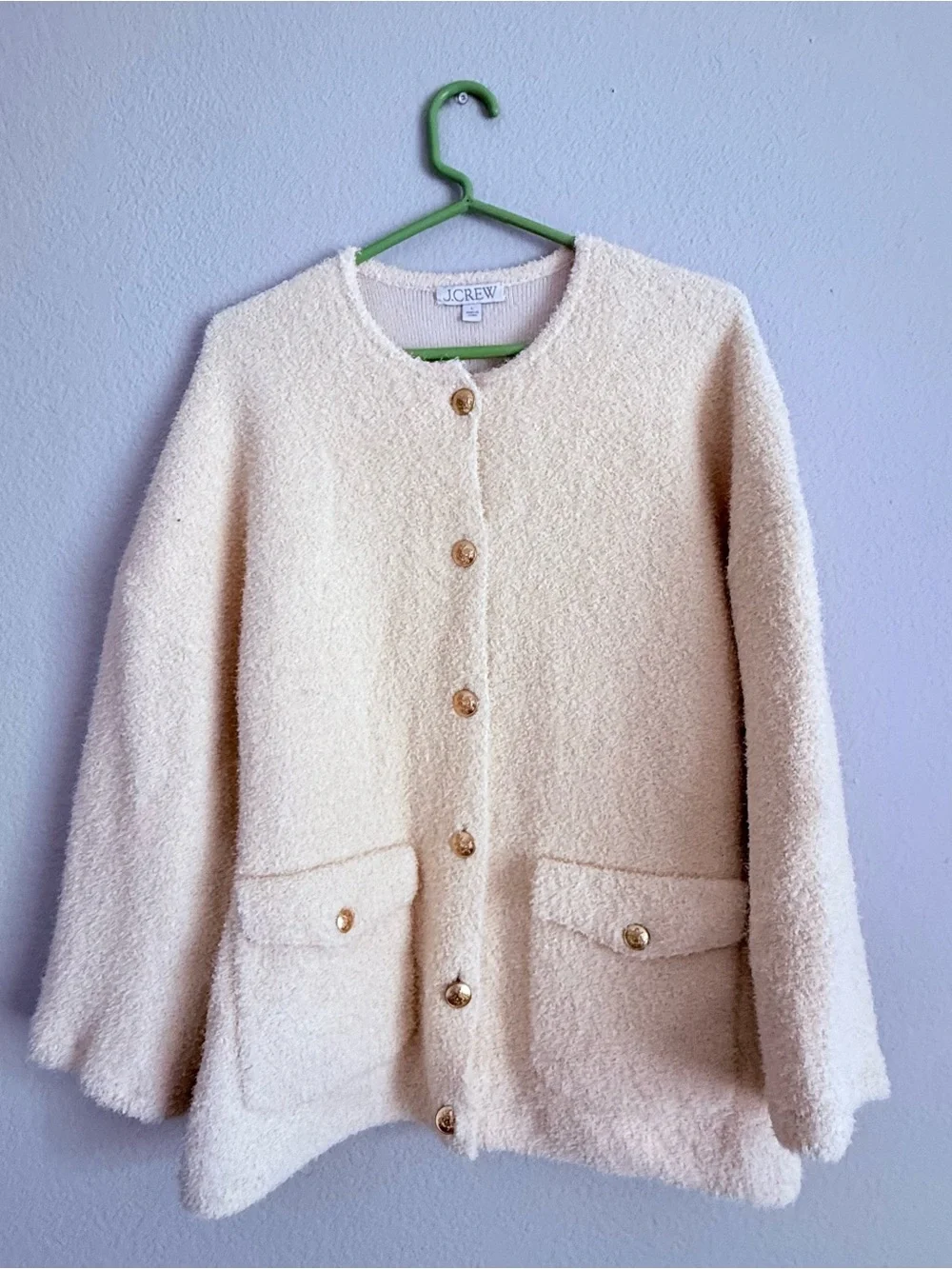 J. Crew 2025 Cream Gold Button Cinched Waist Sweater Jacket Knit Cardigan Sz L